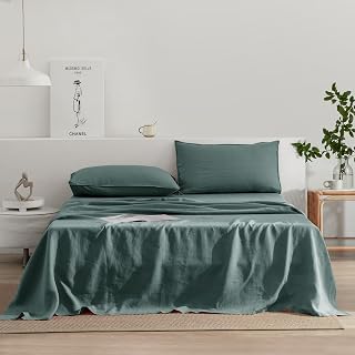 EVERLY 100% Pure Stone Washed French Linen Queen Bed Sheets 16 Inch 4 Pieces (1 Flat Sheet, 1 Fitted Sheet, 2 Pillowcases) Natural Linen Soft Breathable