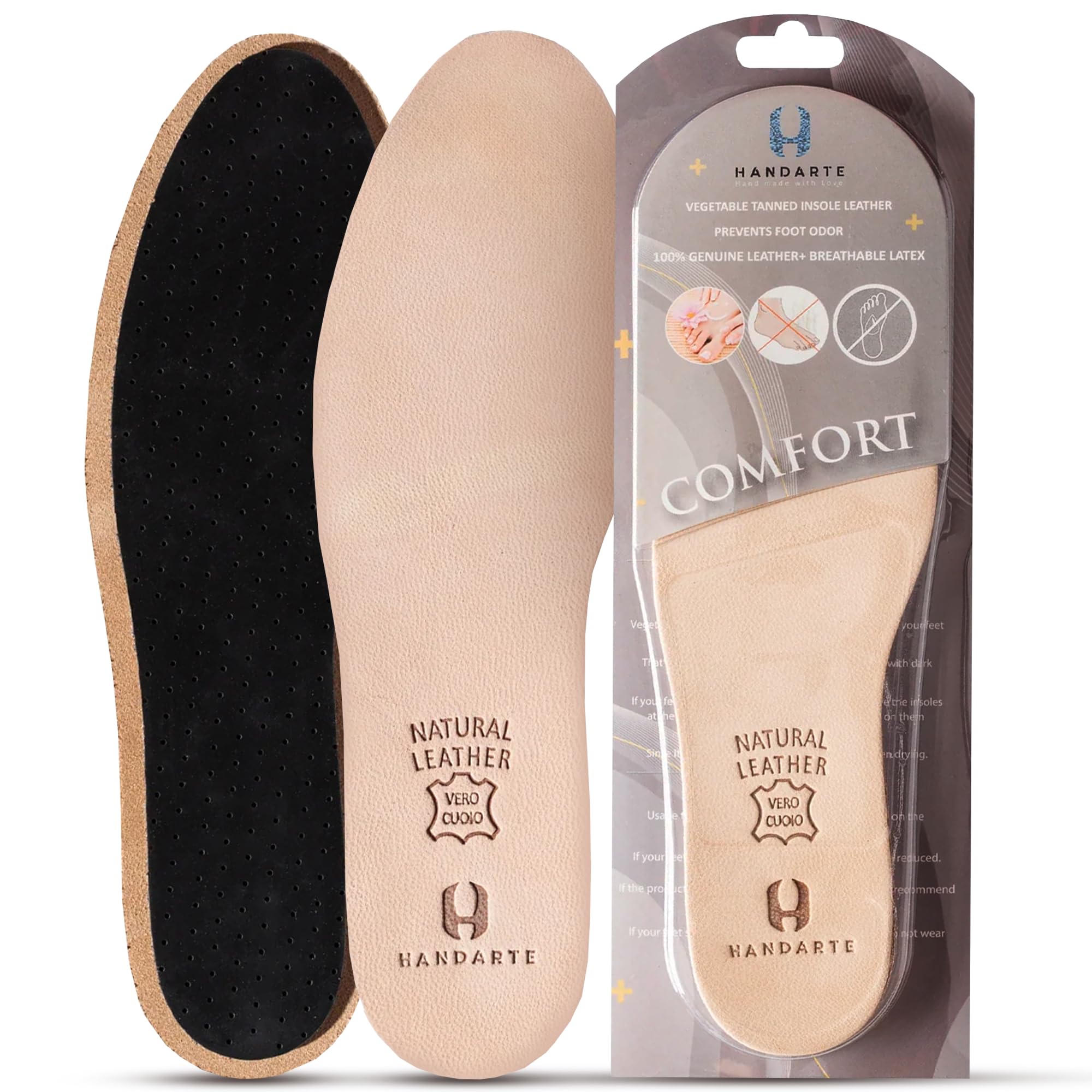 HANDARTE Thin Leather Insoles for Men - Activated Charcoal Dress Shoe Inserts fo