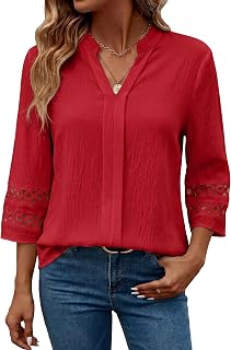 Funlingo 3/4 Sleeve Women Top V Neck Elegant Casual Blouses Lace Tunic Pleated Shirts Business Casual Outfits 2026