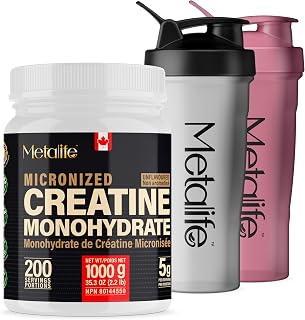 100% Pure Creatine Monohydrate Powder, Canada-Made, 1000g +2 Shakers