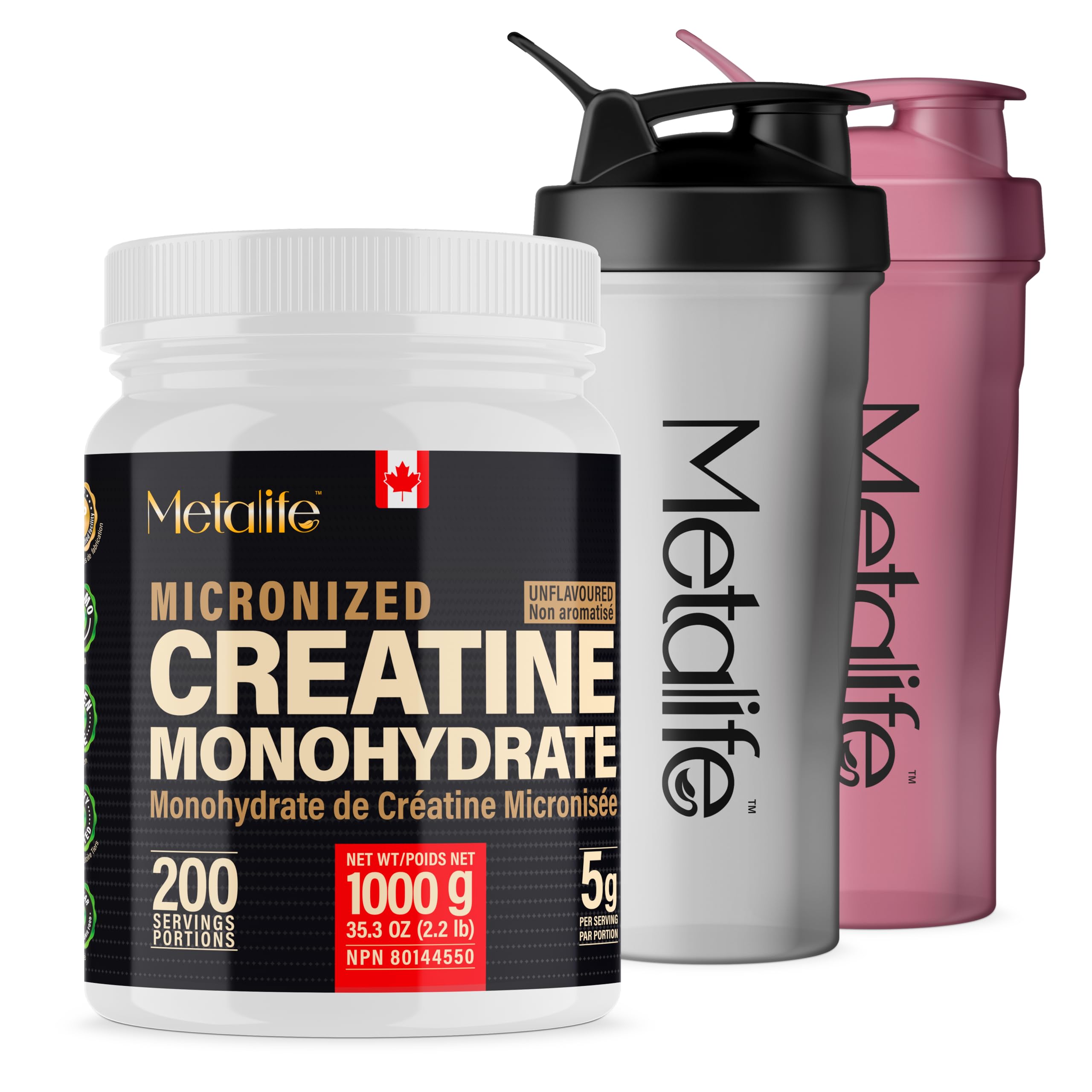 100% Pure Creatine Monohydrate Powder, Canada-Made, 1000g +2 Shakers