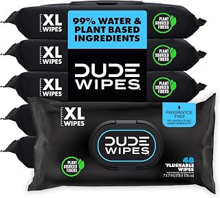 DUDE Wipes Unscented Adult Flushable Wet Wipes, Sensitive Skin, 288 Count | 99% water, extra large flushable butt wipes. Fragrance free, hypoallergenic, vitamin E and aloe. Septic safe. 6 packs of 48.