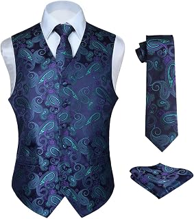 Hisdern Men's Floral Wedding Waistcoat, Tie and Handkerchief Set, Jacquard Waistcoat Suit Set
