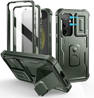 Dexnor for Samsung Galaxy S24 Cover with Integrated Sliding Camera Cover & Screen Protector & Kickstand, Shock Resistant Case Protective Cover - Army Green