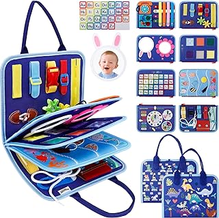 JHkim Busy Board Montessori Toys for Boys Girls Gifts, Sensory Toy, Educational Activities Travel Toy for Airplane Car, Busy Book for Learning Fine Motor Skills, Blue