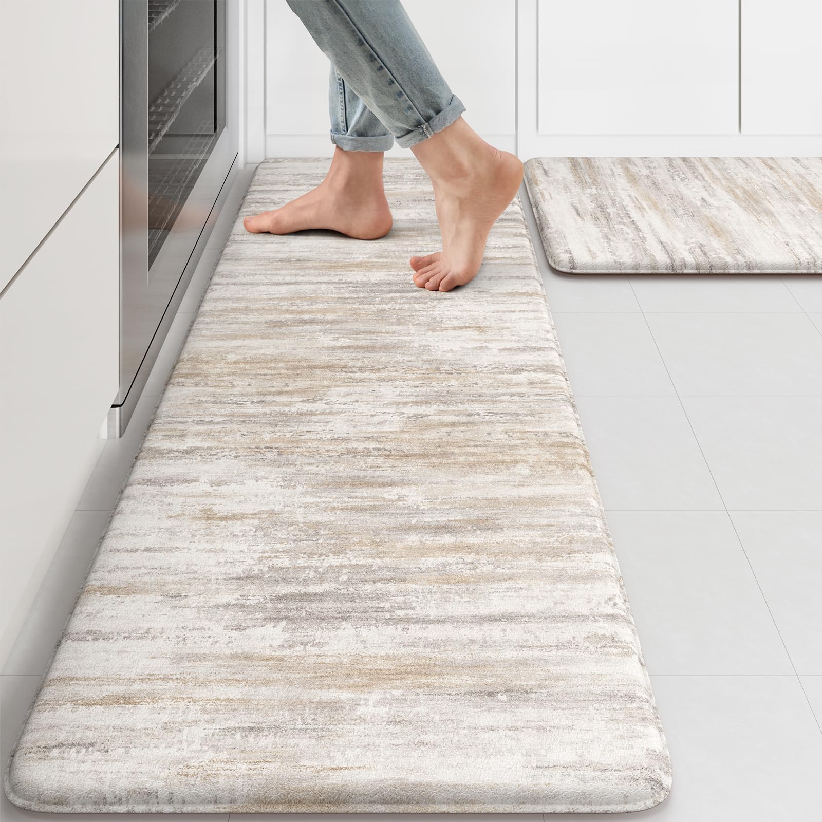 KIMODE Anti Fatigue Kitchen Mats for Floor 2 Piece, Abstract Kitchen Rugs | Ligh