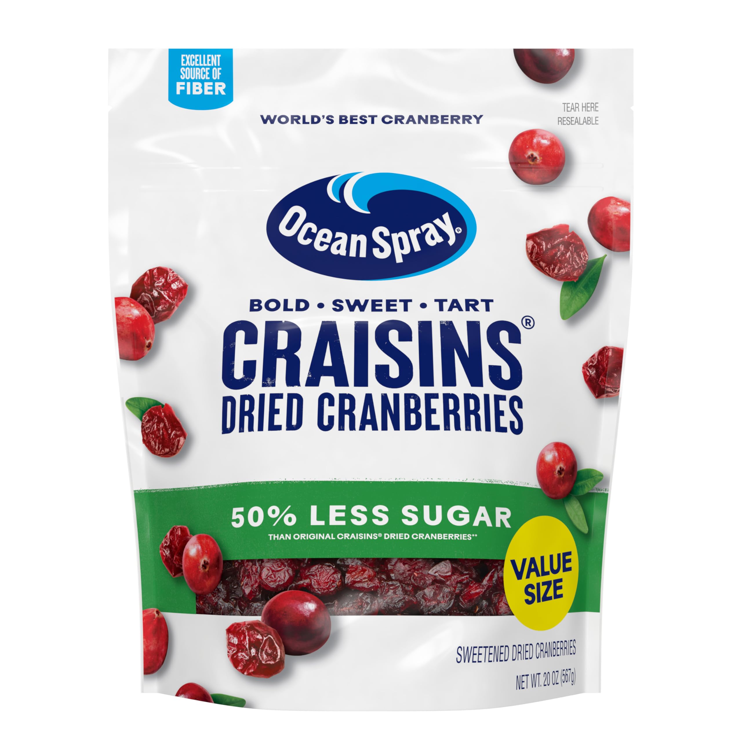 Ocean Spray® Craisins®, 50% Less Sugar Dried Cranberries, Dried Fruit, 20 Oz Pou