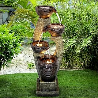 Naturefalls 40” H Modern Outdoor Fountain - 4 Crocks Outdoor Garden Fountains with Contemporary Design&LED Light for Garden, Patio, Deck, Porch, Backyard and Home Art Decor (40in, Light Gray)