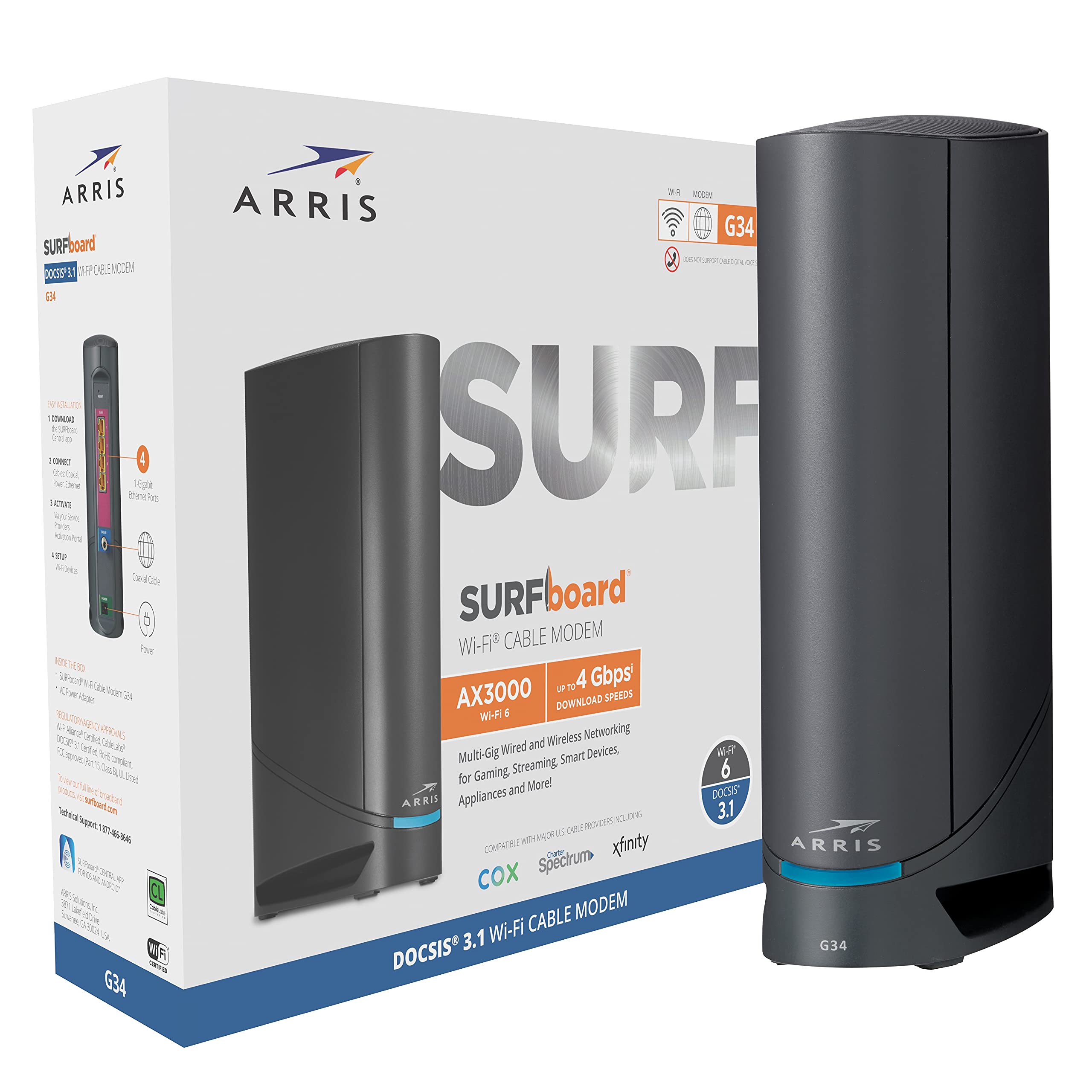 ARRIS Surfboard G34 DOCSIS 3.1 Gigabit Cable Modem & AX3000 Wi-Fi 6 Router, Appr