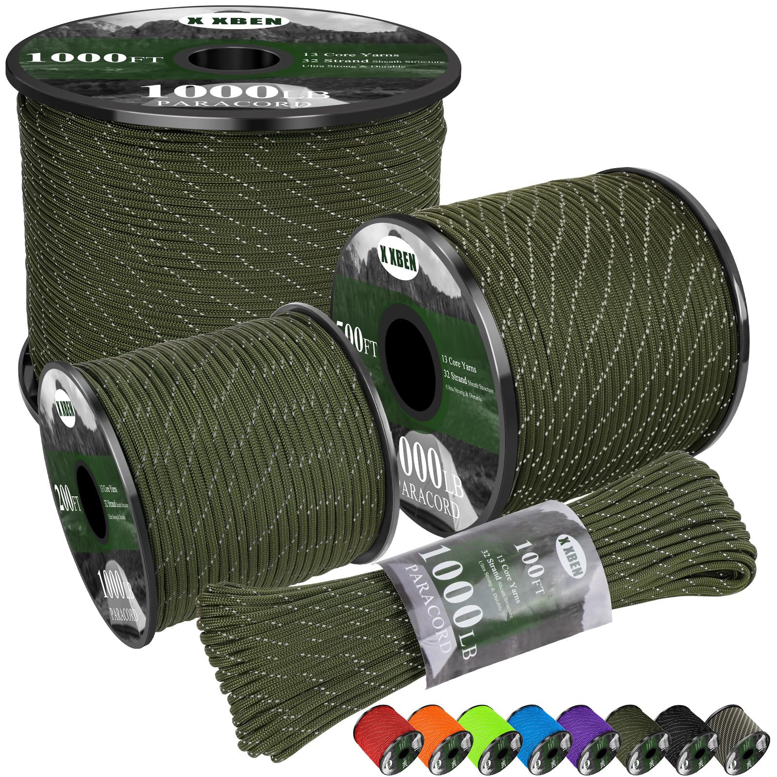 X XBEN Paracord Reflective 1000lb, 50/100/200/500/1000ft 4mm, 13 Strand Paracord