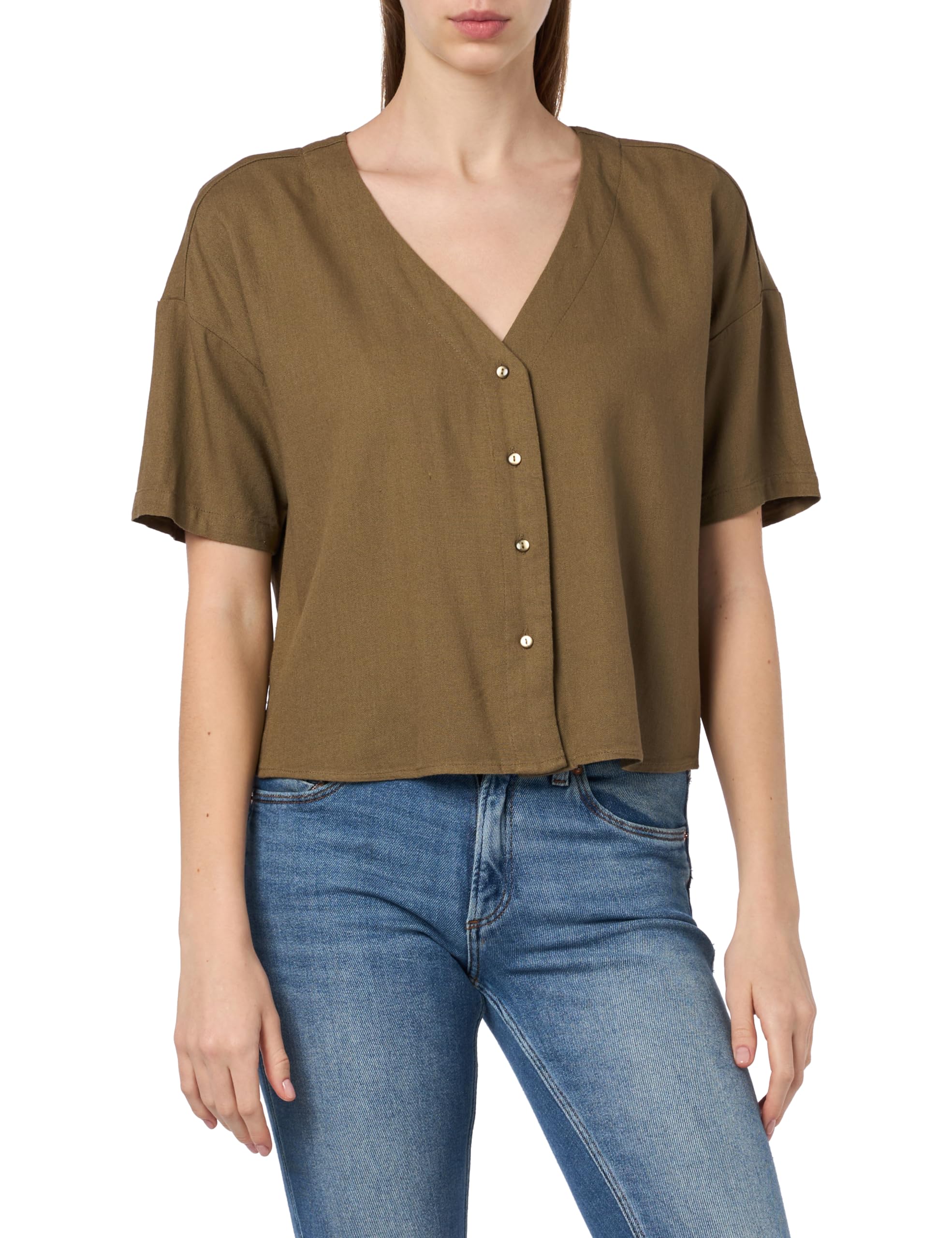 VERO MODA Damen Hemd Bluse V-Ausschnitt Kurzarm Shirt Business Oberteil mit Knop