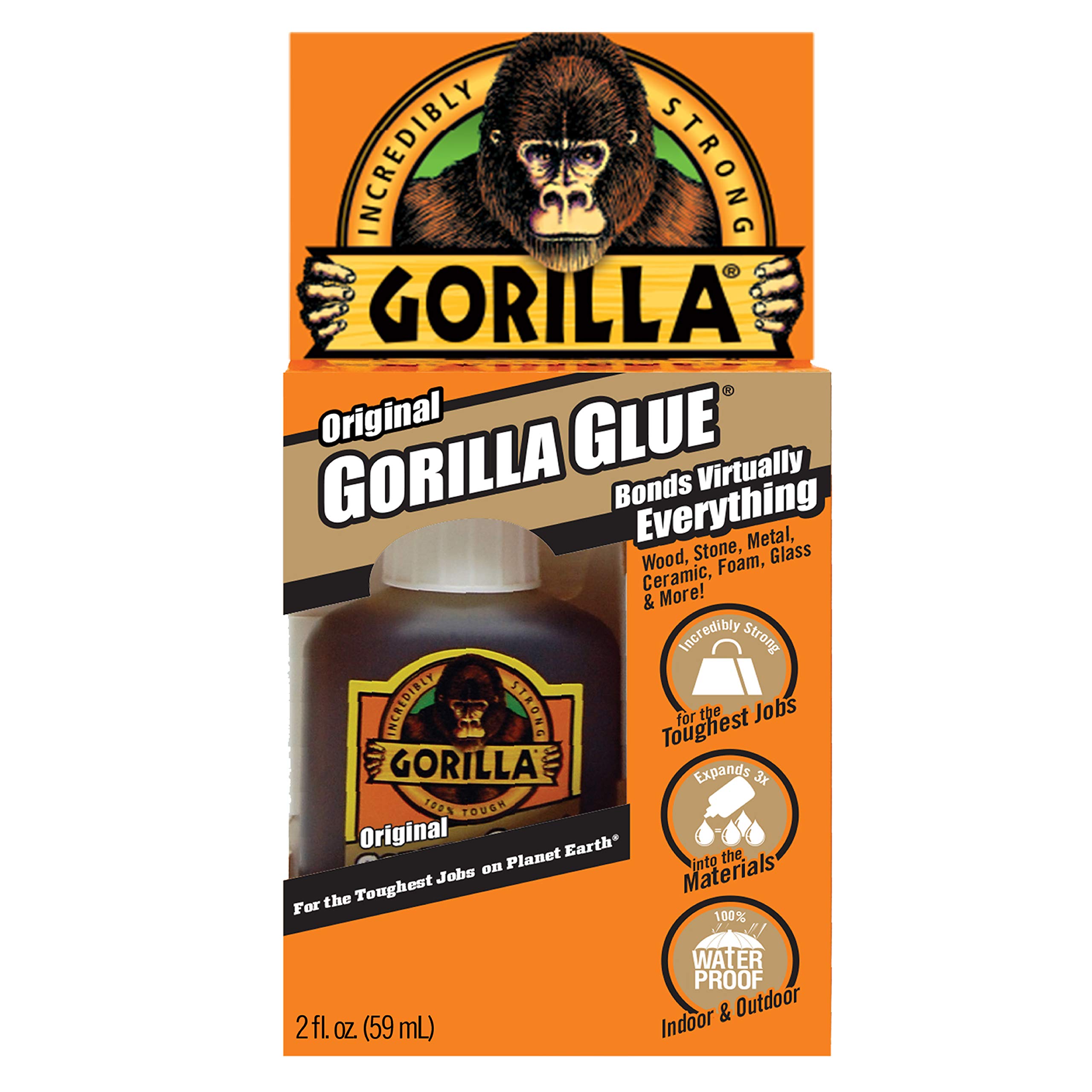 Gorilla Original Gorilla Glue, Waterproof Polyurethane Glue, 2 Ounce Bottle, Bro