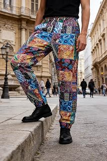 Mens Casual Bohemian Print Elastic Waist Pants Harem Pants Loose Fit Funky Printed Trousers