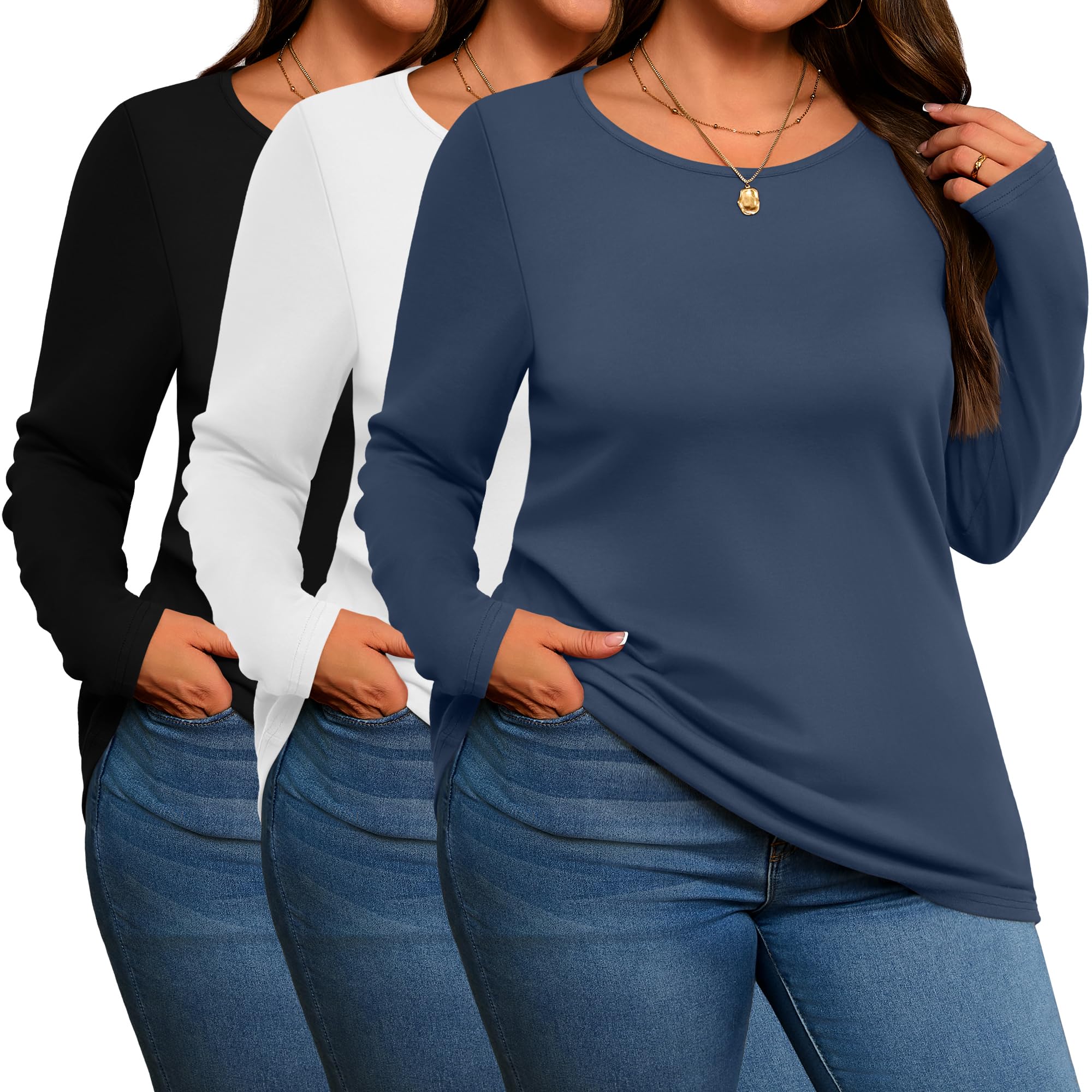 Evervibe 3 Pack Women's Plus Size Cotton Shirts Long Sleeve Tops