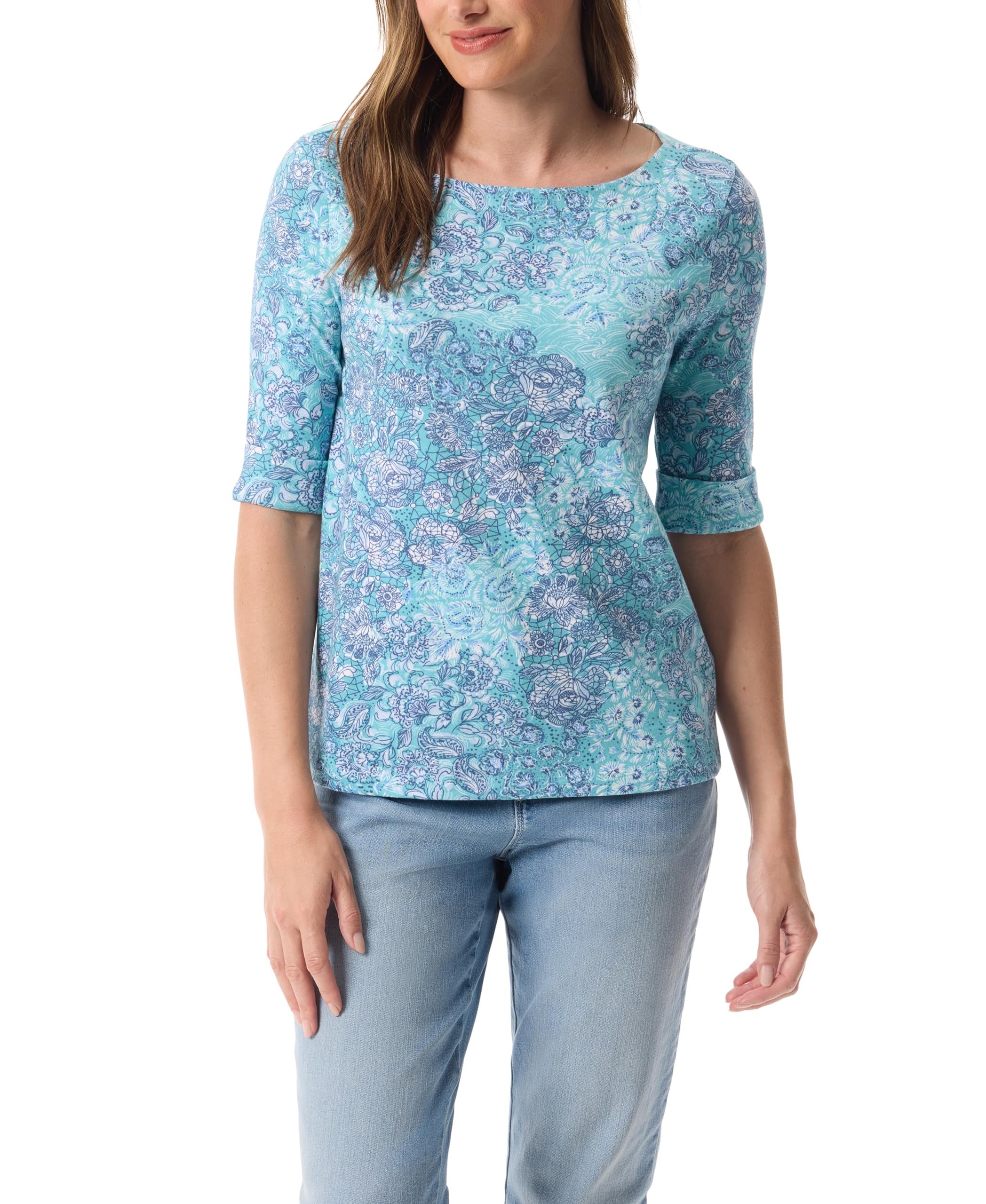 Gloria Vanderbilt Alanis Boat Neck Knit Tee Shirt with Elbow Sleeves Standard Al