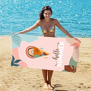 Hello Summer Beach Towel Abstract Ice Cream Printed Tropical Leaves Lightweight Beach Towel Travel Pool Relaxation Holiday