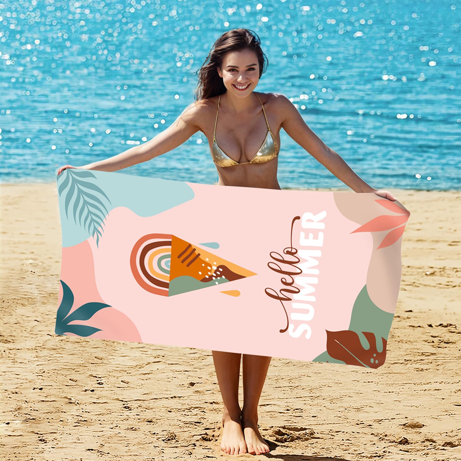 Hello Summer Beach Towel Abstract Ice Cream Printed Tropical Leaves Lightweight 