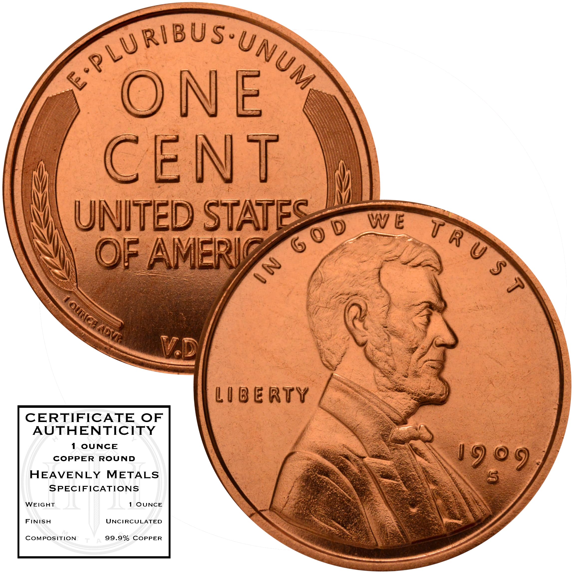 Lincoln Wheat Cent 1909 S VDB Design 1 oz Pure .999 Copper Round Collectible Jum