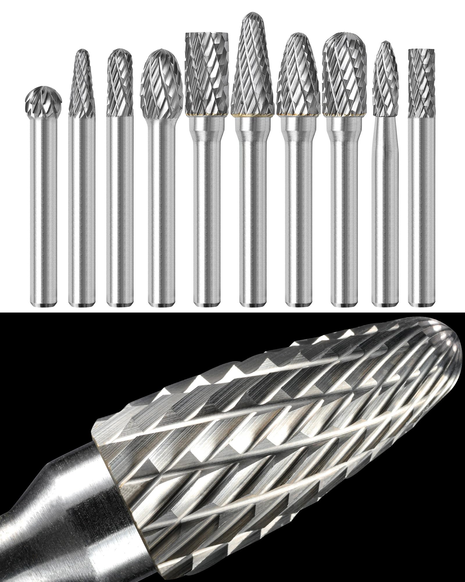 Sworker 10Pcs Carbide Burr Set 1/4 Shank w/Clear Box Max Head Dia 10mm Die Grind