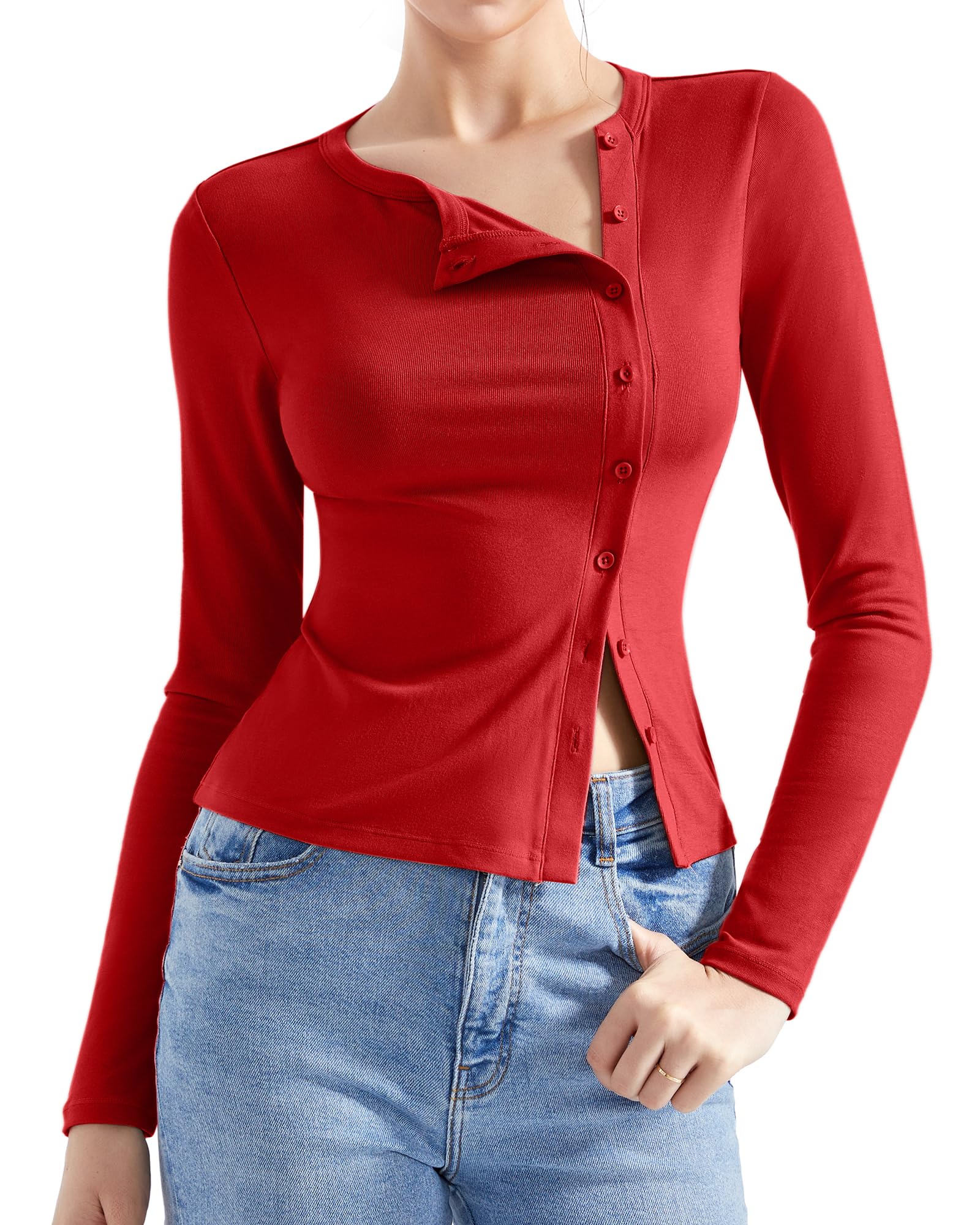 SUUKSESS Women Button Down Ribbed Tops Long Sleeve Going Out Fitted Modal Shirt