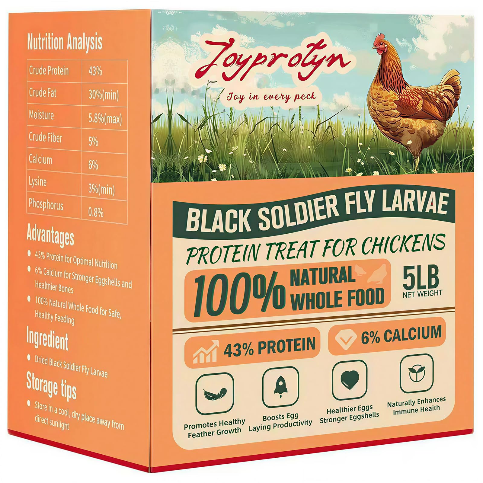 Joyprotyn 5LB Non-GMO Dried Black Soldier Fly Larvae for Chickens – 85X More Cal