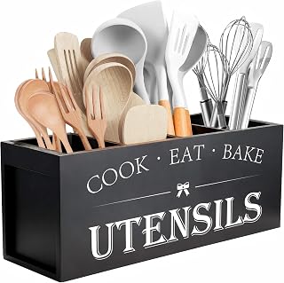 Suli Extra Large Utensil Holder Countertop for Kitchen Counter,Wood,Black | Hold 40 Utensils,4 Removable Divider,Rutic Silverware Organizer Caddy,Spacesaving,Farmhouse Cooking Crock for Spatula,Spoon