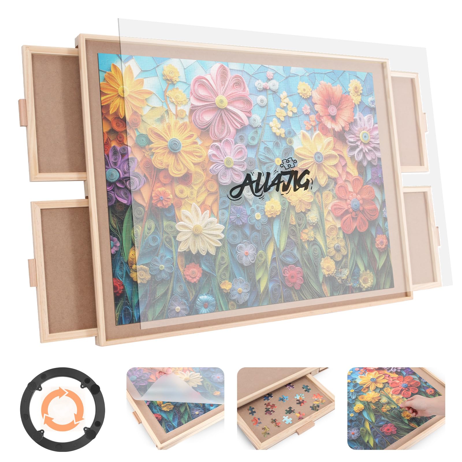 ALL4JIG 1500 Piece Rotating Puzzle Board with 4 Drawer 24.92"x33.58"Portable Woo