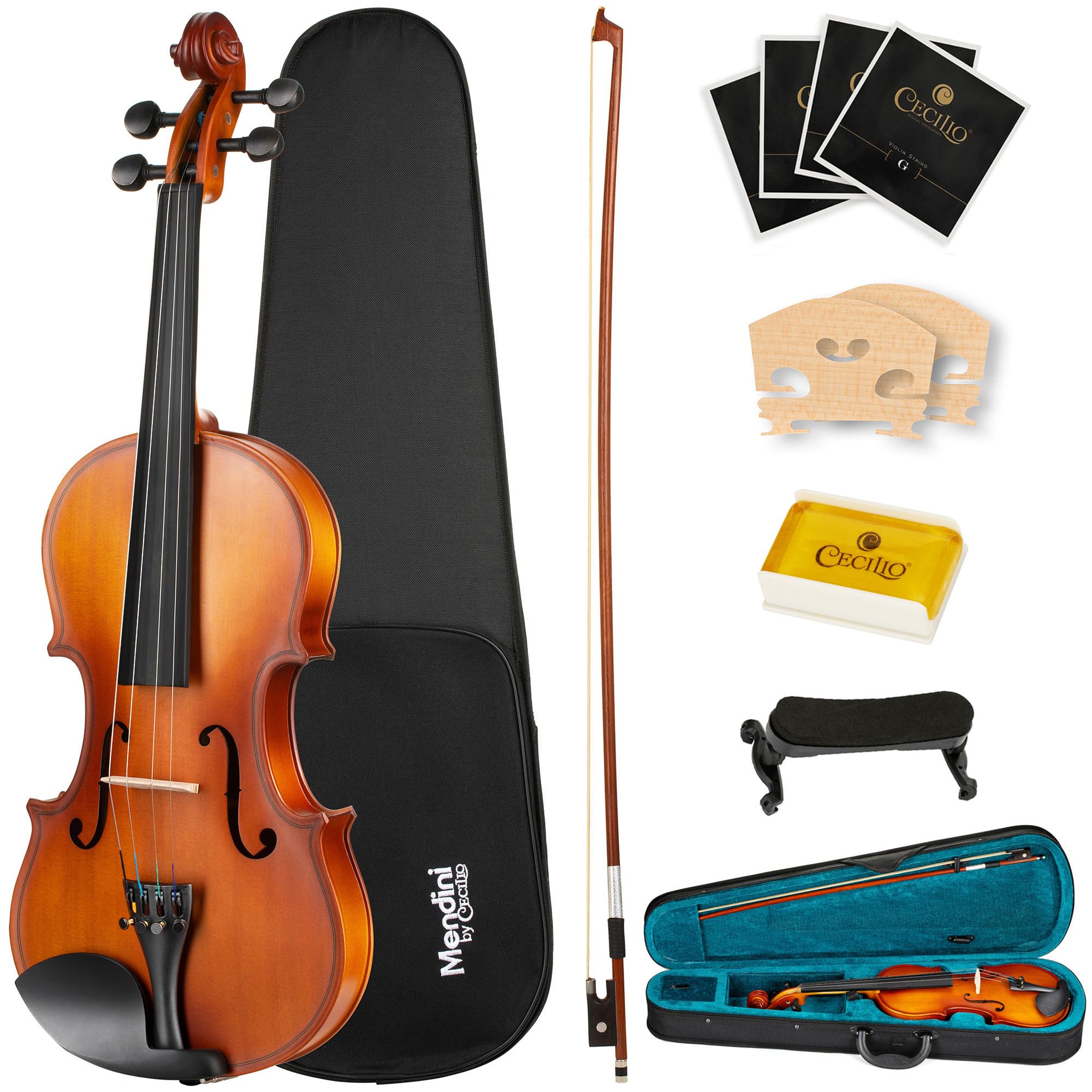 Mendini by Cecilio Violin 4/4 Full Size Kit For Beginners - Hand Carved Acoustic