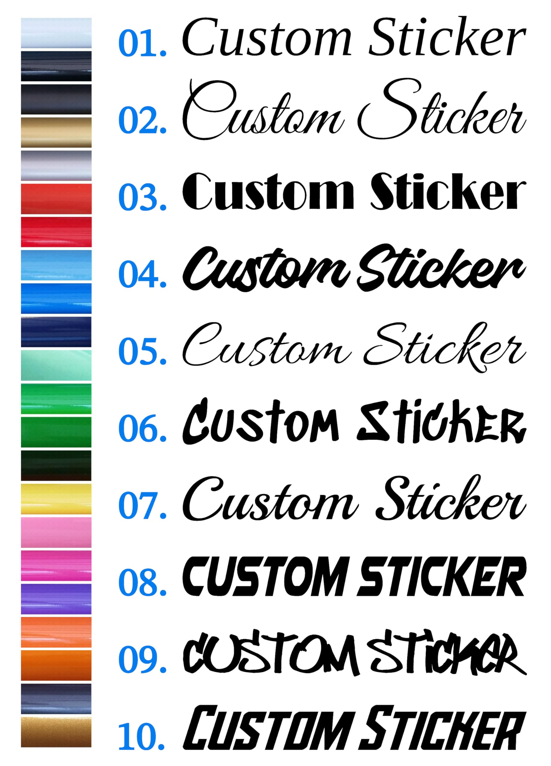 Custom Text Stickers Gloss Matt Colours Small to Large Sizes 30 Fonts Personalis