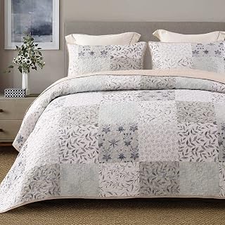 Exclusivo Mezcla Reversible Boho Quilts Queen Size Gray | Soft Lightweight Bedspreads, All Season Patchwork Quilt Bedding Set, Printed Floral Pattern, 1 Quilt and 2 Pillow Shams
