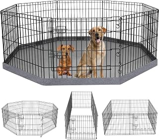 PETIME Foldable Metal Dog Exercise Pen/Pet Puppy Playpen Kennels Yard Fence Indoor/Outdoor 8 Panel 24" W x 24" H with Bottom Pad (with Bottom pad, 8 Panels 24" H)