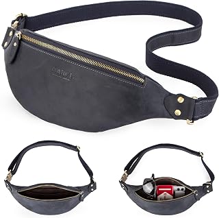 Top Grain Genuine Leather Slim Fanny Pack for Man & Woman, Minimalist Vintage Design, Handmade with Detachable Hardware, Slim Waist Bag Small Crossbody Belt Bag for Traveling or Riding, Blue