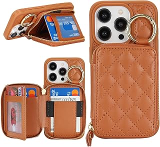Schutzhülle für iPhone 15 Pro, mit Kartenhalter, Schutzhülle mit Reißverschluss, mit Schlitz, Ständer, Schutzhülle für Damen und Herren, 5G, 15,4 cm, Braun