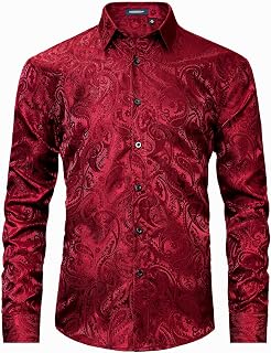 HISDERN Men's Floral Paisley Satin Shirt Long Sleeve Casual Formal Fashion Dress Shirts Silk Buttons Regular Fit Ceremony Wedding Party