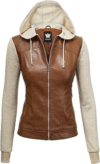 Lock and Love Women's Faux Leather Moto Biker Jacket Coat with Removable or Non-Removable Hood