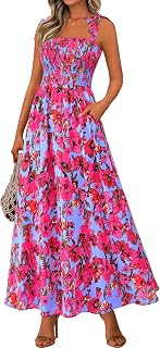 PRETTYGARDEN Womens Summer Dress Floral Smocked Maxi Dresses Beach Sundress