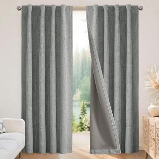 Joydeco Blackout Curtains for Bedroom, Natural Linen Curtains 37" W x 108" L (Pack of 2), Thermal Insulated 100% Blackout 2 Panels, Light Grey