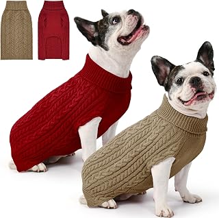 2 Pack Dog Jumper for Medium Dogs, Knitted Turtleneck, Cable Knit, Warm Winter Jumper, Dachshund, French Bulldog (M, Red & Brown)
