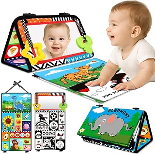 Tummy Time Toys: Black and White High Contrast Baby Toys for Newborn | Baby Visual Stimulation Mirror Teether with Crinkle Cloth Book, Sensory Infant Toy for 0-3-6-12 Months, Boy Girl Shower Gifts