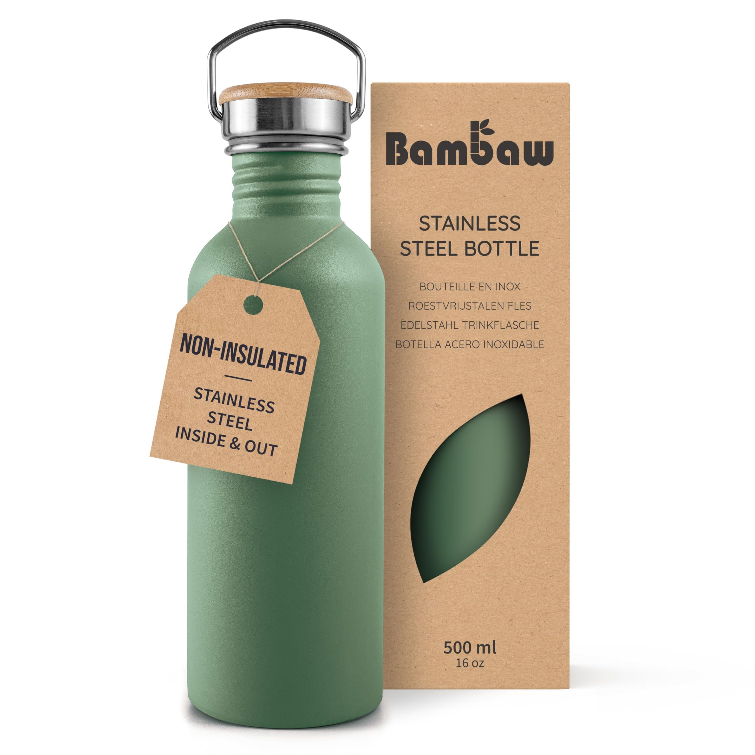 Bambaw Stainless Steel Water Bottle 500ml - Non-Insulated, Leakproof, BPA Free, 