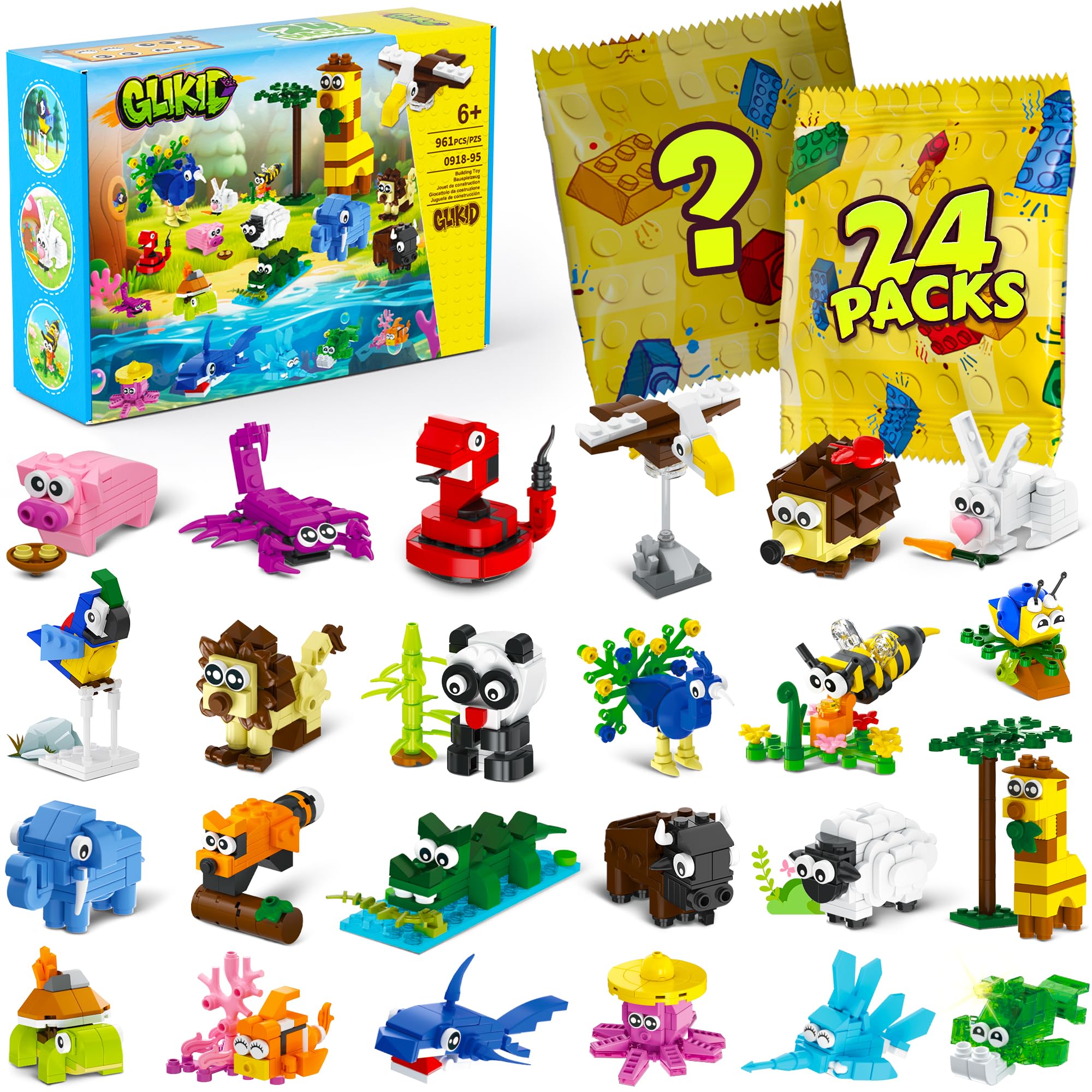 Glikid 24 Pack Party Favors for Kids, Mini Animal Building Block Blind Bags | In