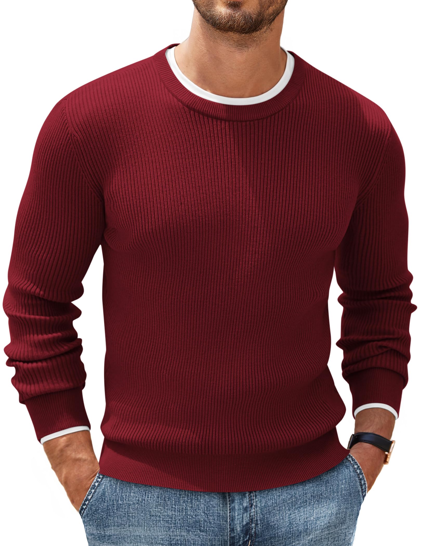 COOFANDY - Men's pullover sweater, crew neck, basic knit, long sleeve, stylish a