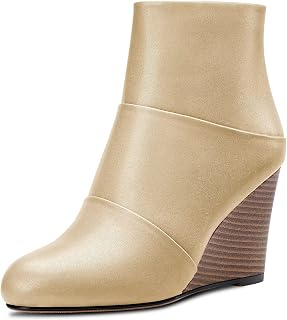 HDEUOLM Women's High Wedge Esparto Heel Closed Toe Round Toe Ankle Boots 8.5 CM Heels Slip-on Zipper Cute Shoes