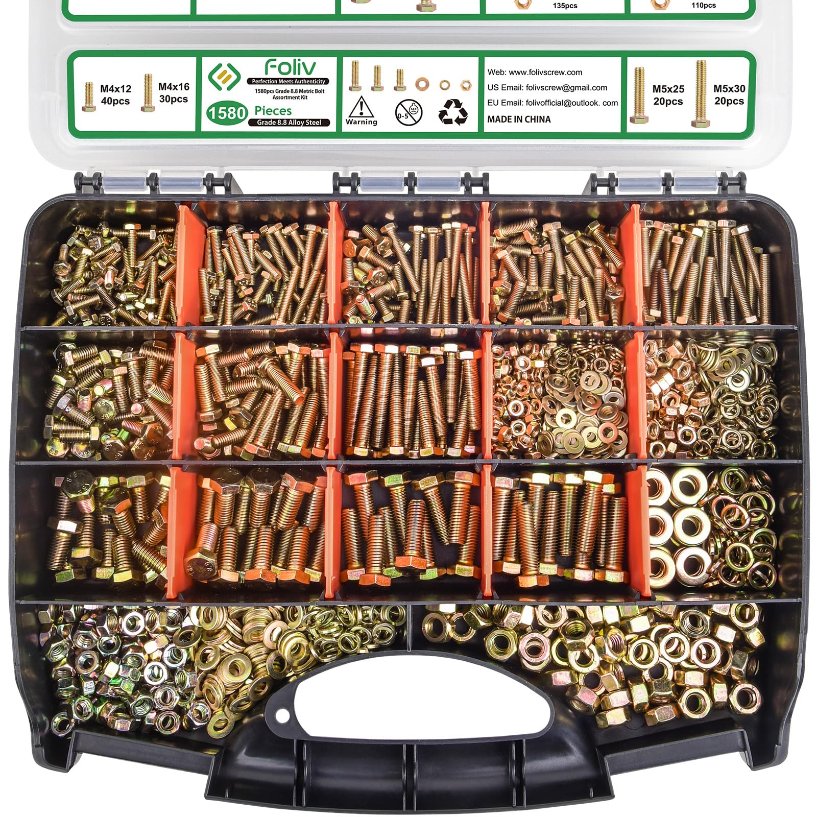 Foliv 1580pcs Metric Bolt Assortment, M4 M5 M6 M8 Nuts and Bolts Assortment Kit,