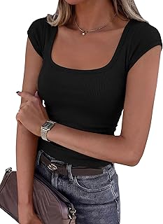 PRETTYGARDEN Cap Sleeve T Shirt Women 2026 Basic Square Neck Slim Fit Ribbed Knit Spring Going Out Tops Summer Clothes