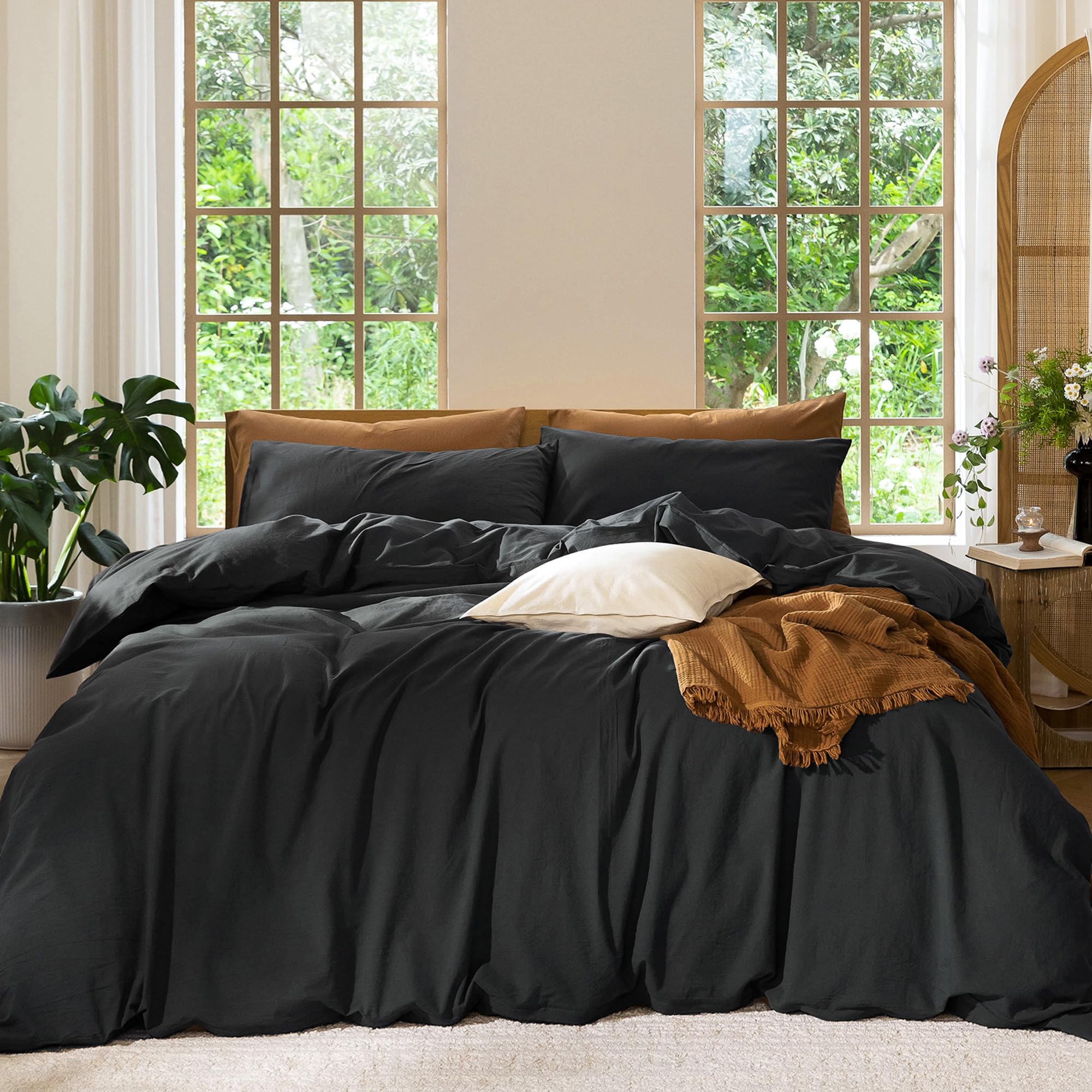 MooMee Duvet Cover Set 100% Washed Cotton Linen Like Full