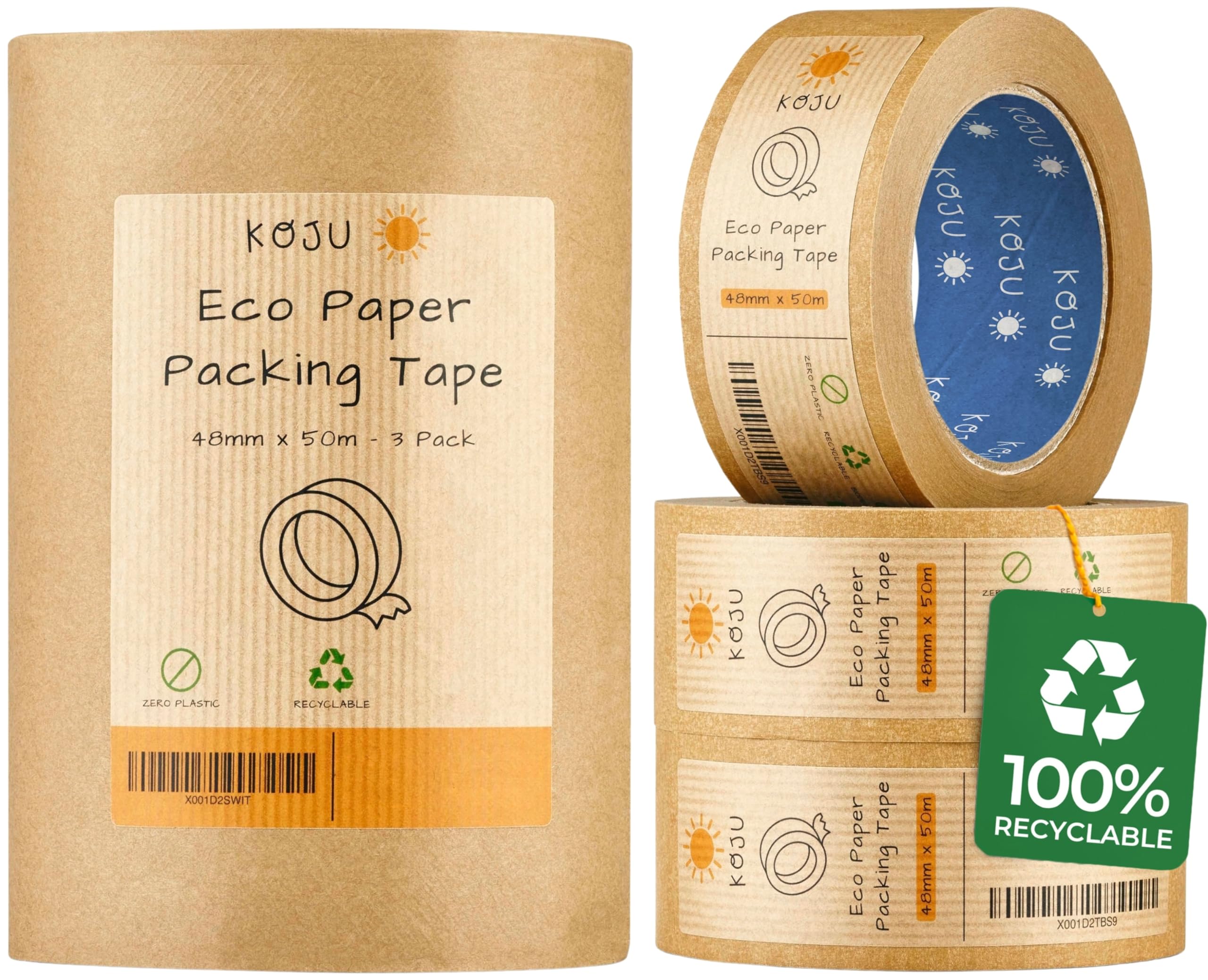 Koju Kraft Paper Packing Tape 48mm x 50m | 3 pack | Eco Friendly & Recyclable Br