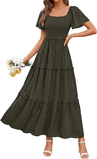 PRETTYGARDEN Women's Summer Dresses 2026 Boho Maxi Smocked Spring Wedding Guest Square Neck Short Sleeve Swiss Dot Dress