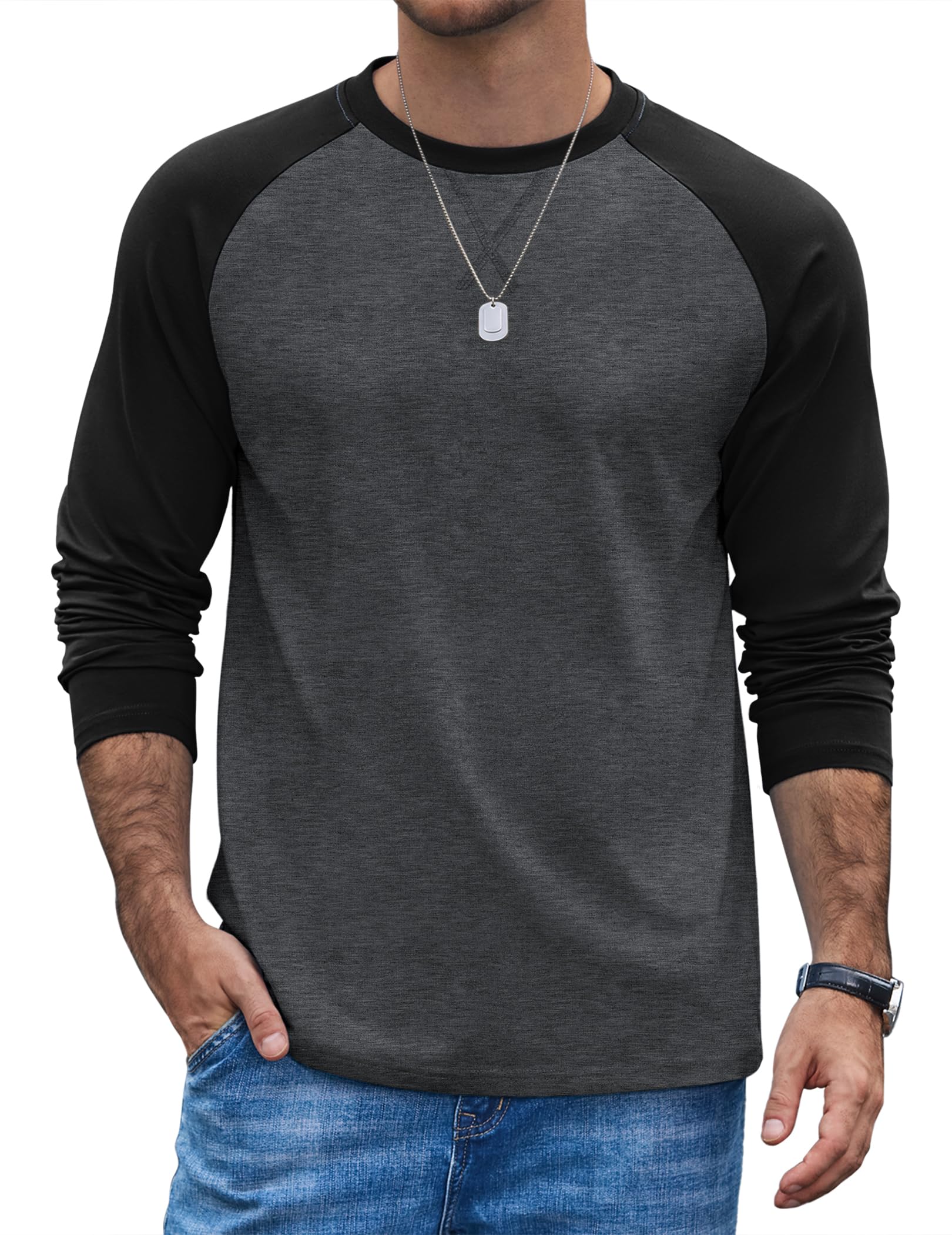 COOFANDY Men's Long Sleeve Cotton Raglan Contrast Long Sleeve Crew Neck Baseball