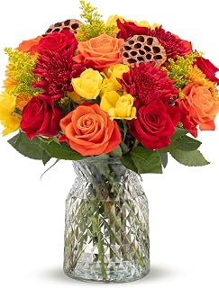 Benchmark Bouquets Fall Flowers Mixed Bouquet – Real Fresh Flowers for Delivery – Flowers for Mom – Premium Rose Floral Arrangement with Keepsake Glass Vase